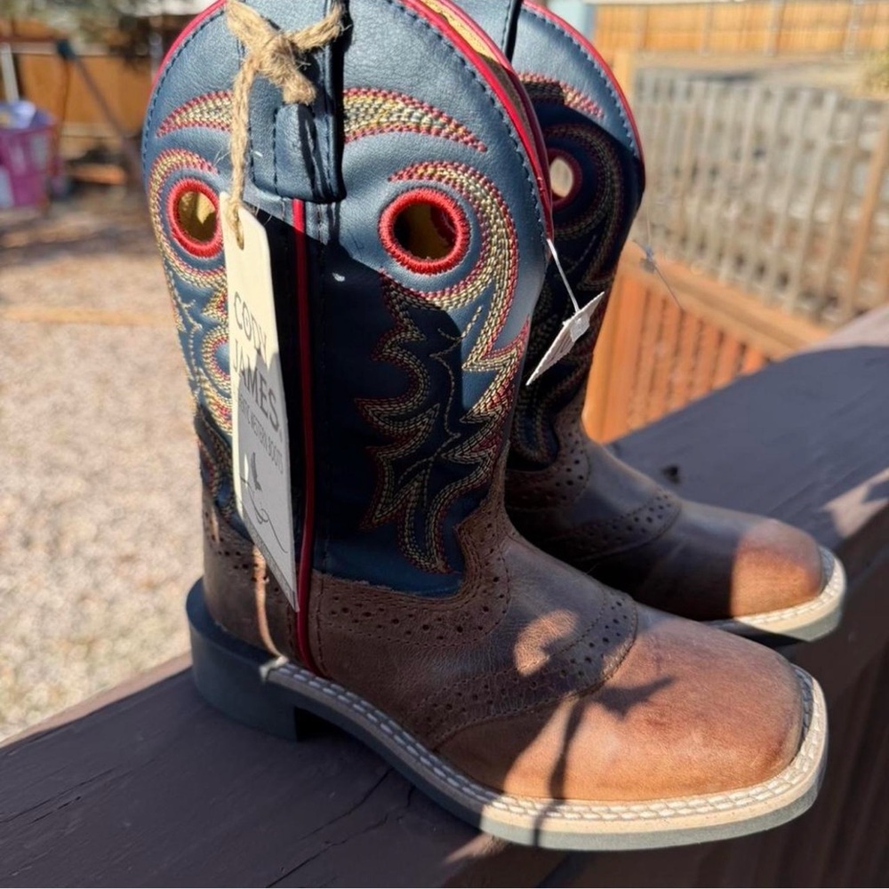 Kids Embroidered Western Boots - Brown and Blue